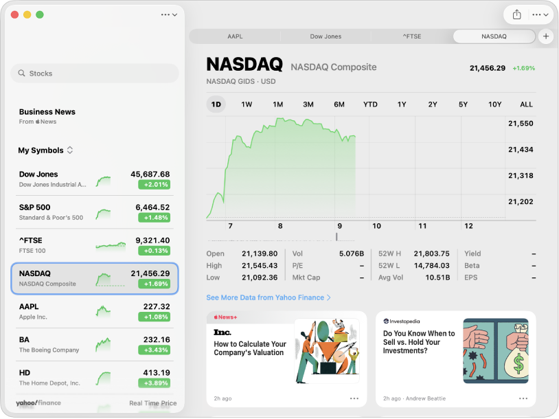 Fenêtre Bourse, affichant la liste de suivi sur la gauche, un graphique en haut à droite et les titres des actualités en bas à droite.