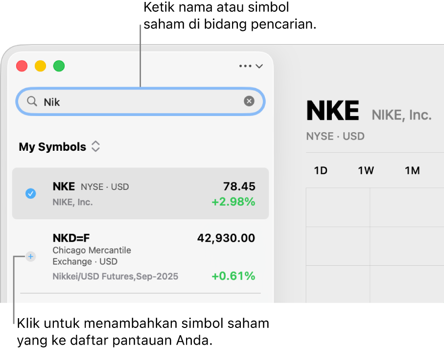 Pencarian di Saham dengan dua kemungkinan kecocokan di bagian atas hasil pencarian.