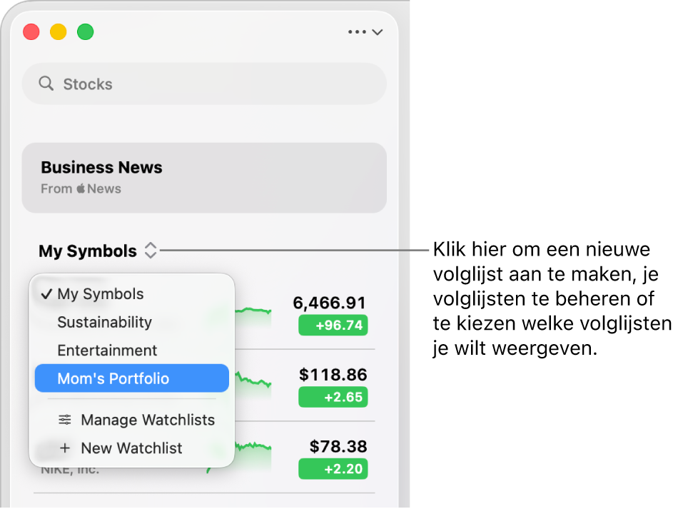 Een Aandelen-scherm met het zoekveld, een lijst met zoekresultaten en de knop 'Voeg toe aan volglijst'.