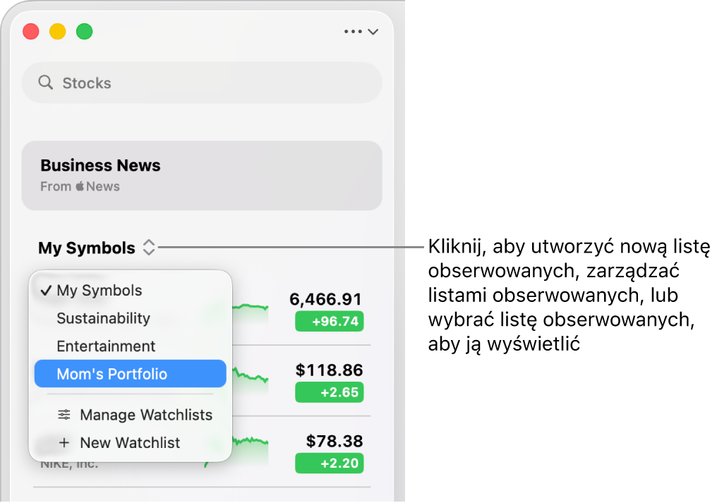 Okno aplikacji Giełda z widocznym polem wyszukiwania, listą wyników wyszukiwania oraz przyciskiem Dodaj do obserwowanych.
