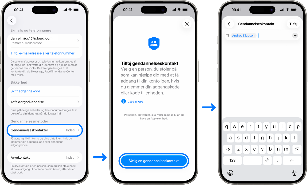 Tre iPhone-skærme, der viser, hvordan man tilføjer kontakter til kontogendannelse.