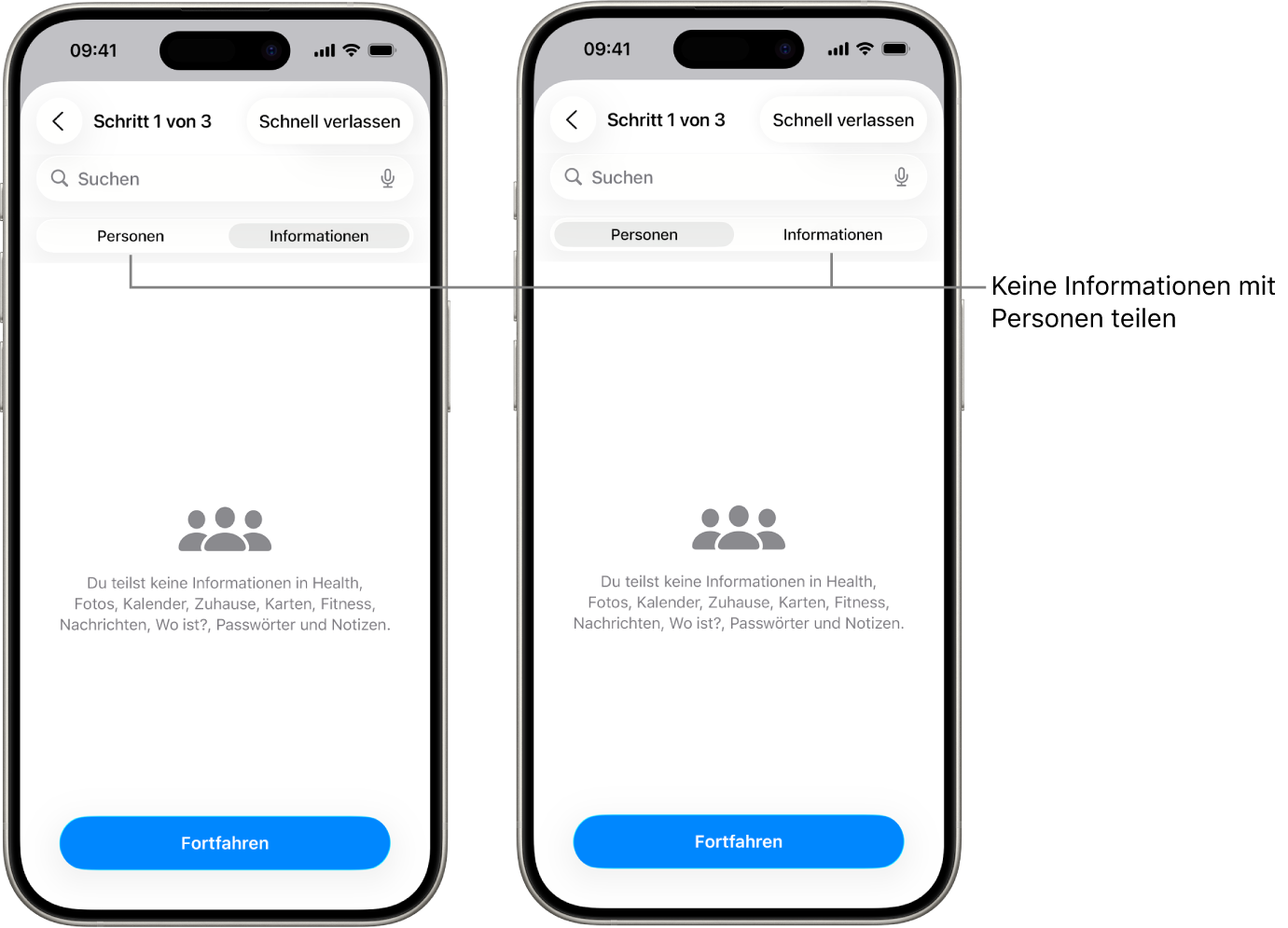 Ein Bildschirm zeigt, dass eine Person keine Informationen mit anderen Personen durch Auswählen des Tabs „Personen und Informationen“ teilt.
