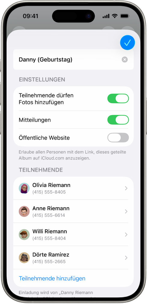 Ein iPhone-Bildschirm mit einem geteilten Fotoalbum und Informationen darüber, mit welchen Personen es geteilt wird.