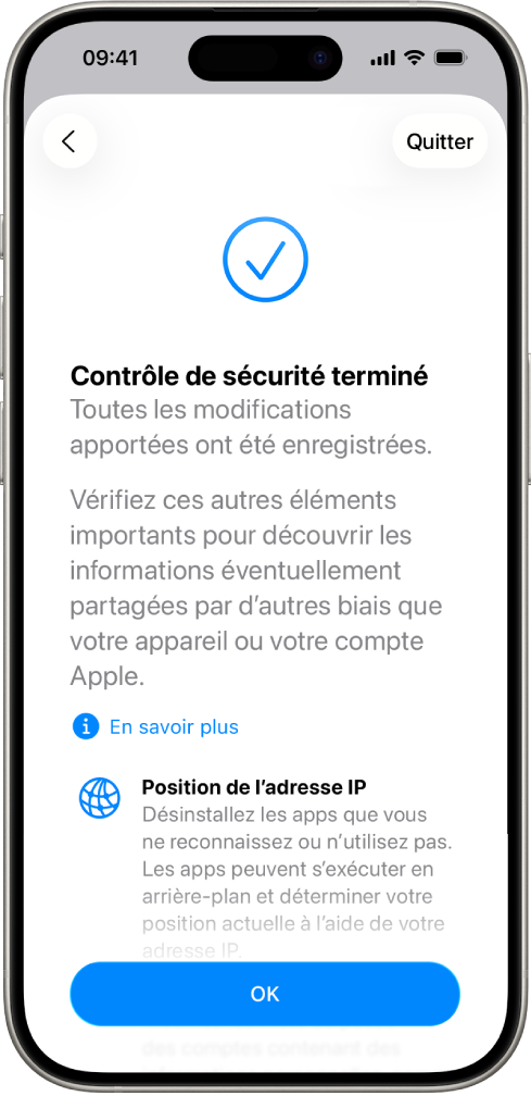 Un écran de Contrôle de sécurité indiquant que le contrôle de sécurité est terminé.