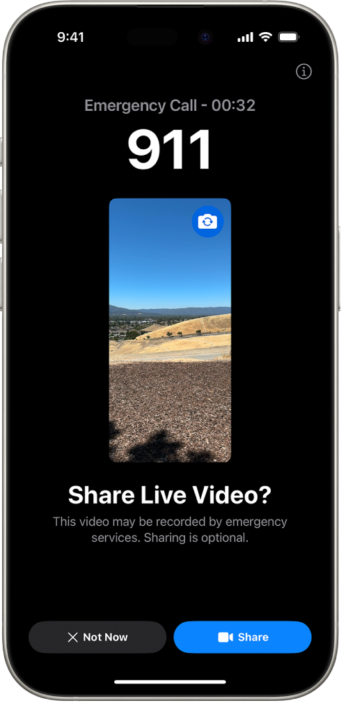 An Emergency SOS Live Video screen showing a 911 phone emergency call with a video preview in the middle. At the bottom are buttons for Not Now and Share Video.