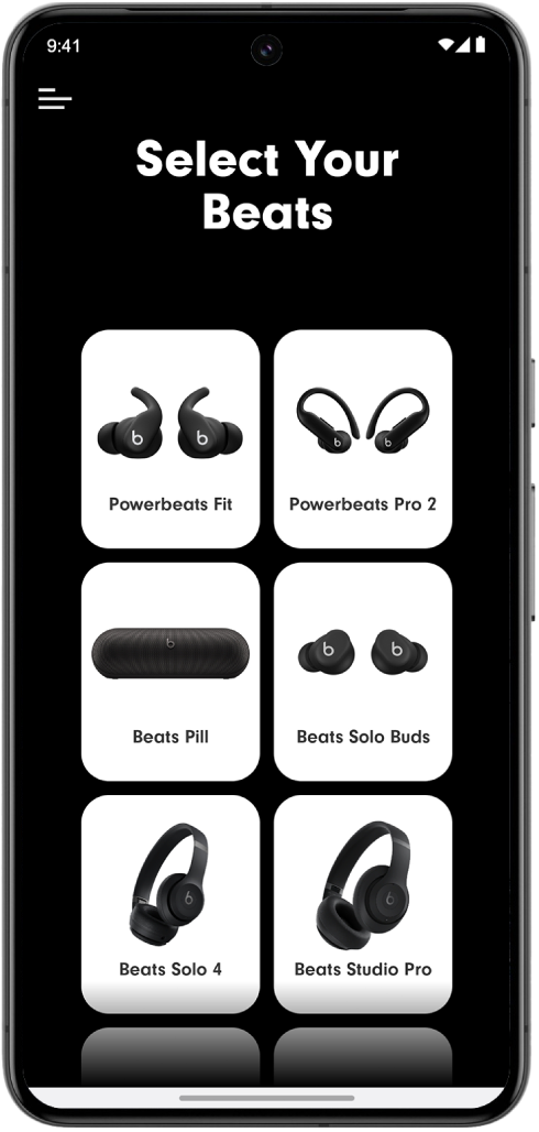 The Beats app Select Your Beats screen showing supported Beats devices.