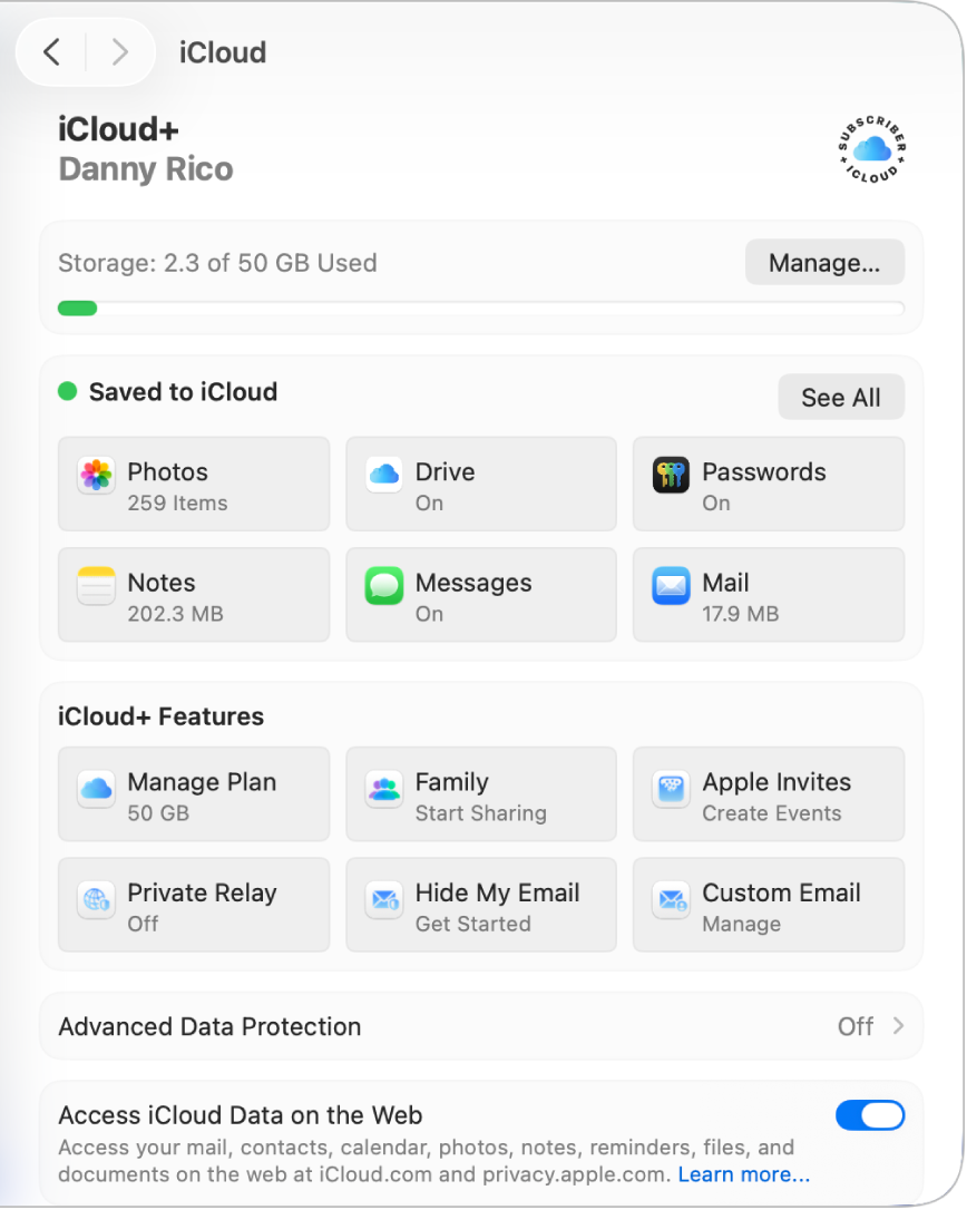 The System Settings window with iCloud features selected.