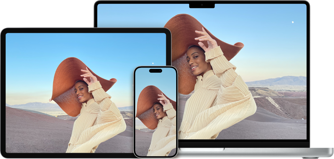 Foto yang sama ditampilkan di iPhone, iPad, dan Mac.