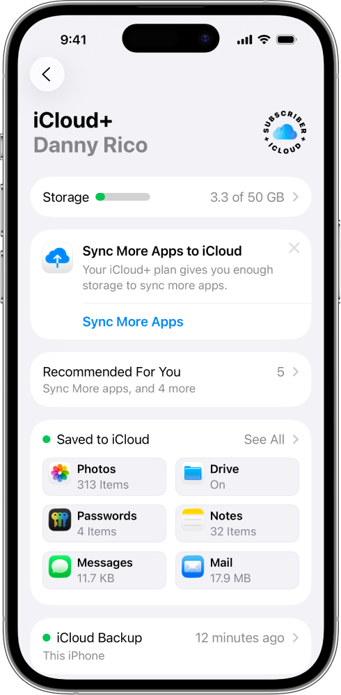 A tela Ajustes com recursos do iCloud ativados.