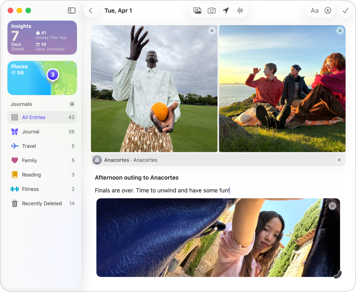 A screen in the Journal app showing photos and an entry in progress.