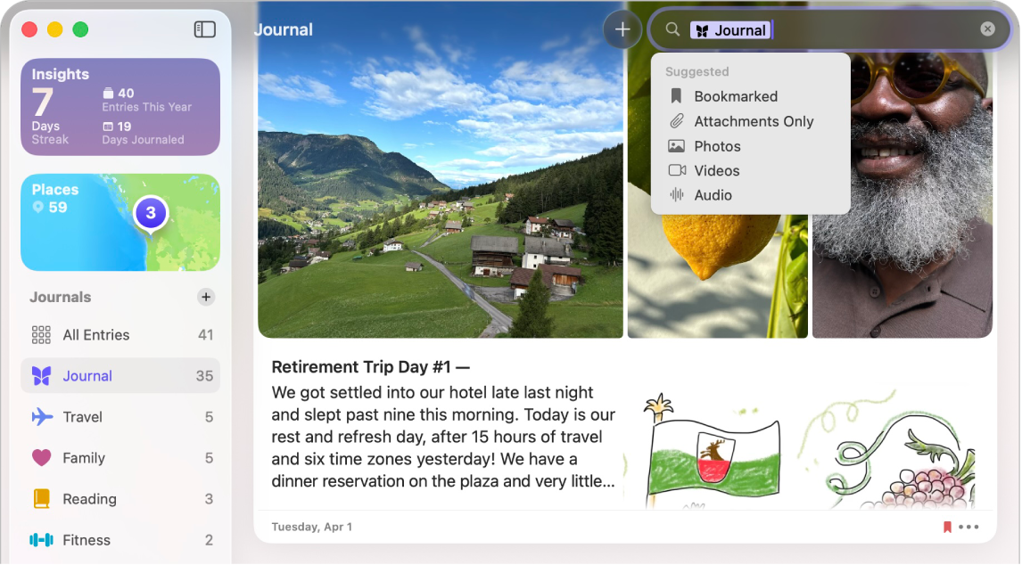A screen in the Journal app showing journal entries with the Search field in the top right.