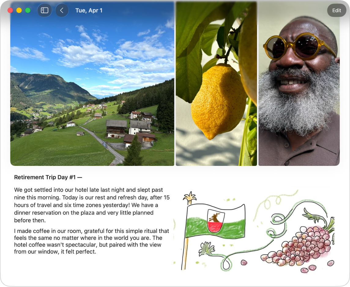 A screen in the Journal app showing an entry with photos, text and a drawing.
