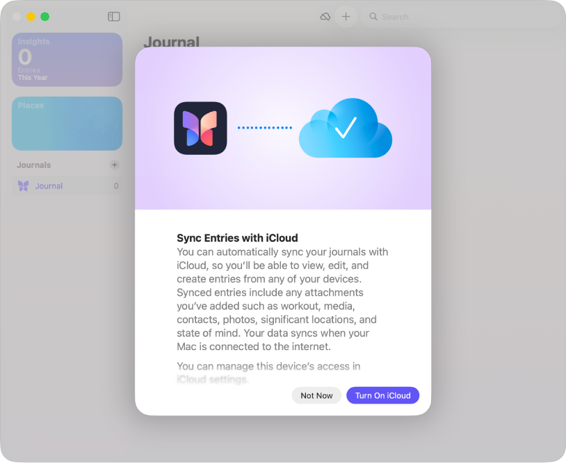 A screen in the Journal app that gives the option to turn on iCloud sync.