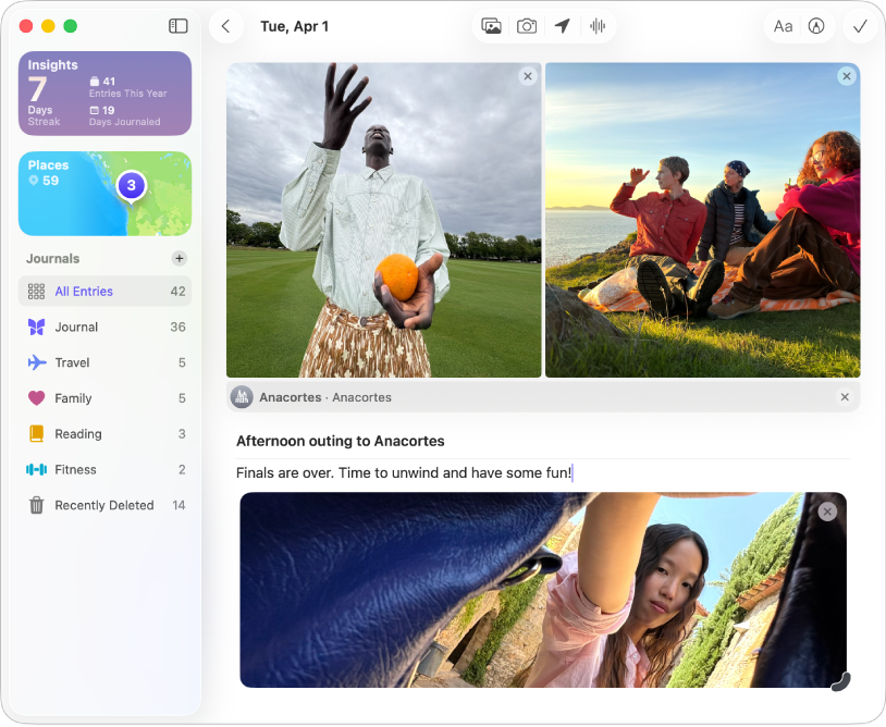 A screen in the Journal app showing photos and an entry in progress.