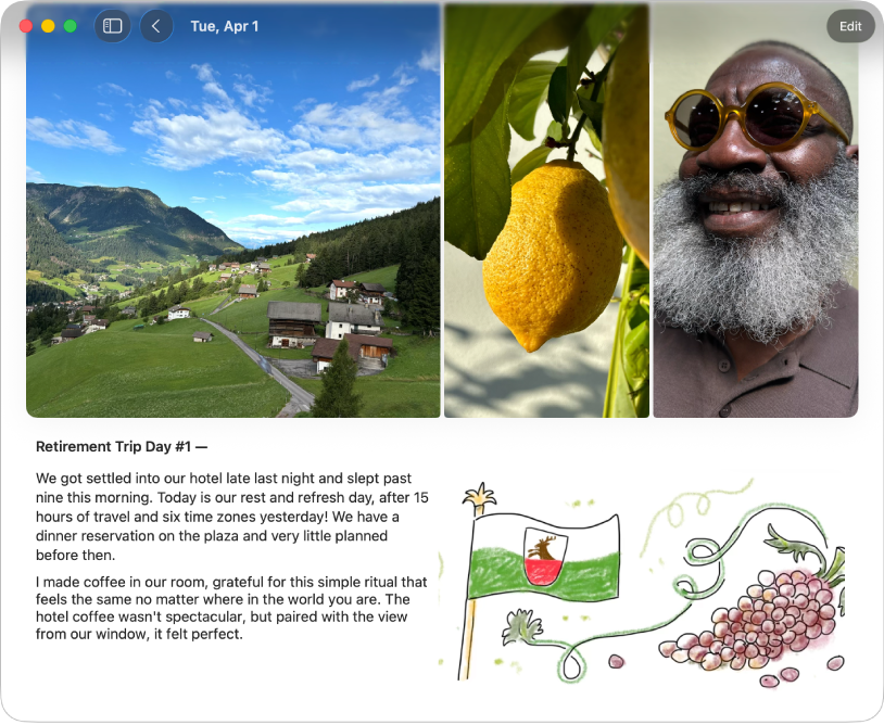 Écran de l’app Journal affichant une entrée avec des photos, du texte et un dessin.