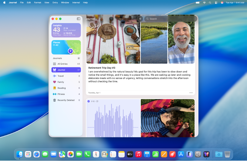 Obrazovka apky Denník zobrazujúca záznamy denníka s tlačidlom Hľadať v pravej hornej časti.