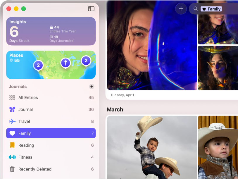 Obrazovka v apke Denník zobrazujúca viacero denníkov v postrannom paneli.