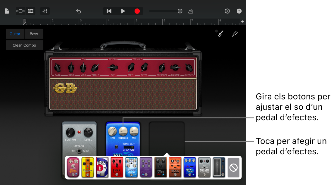 Zona d’edició del pedal d’efectes de l’amplificador de guitarra