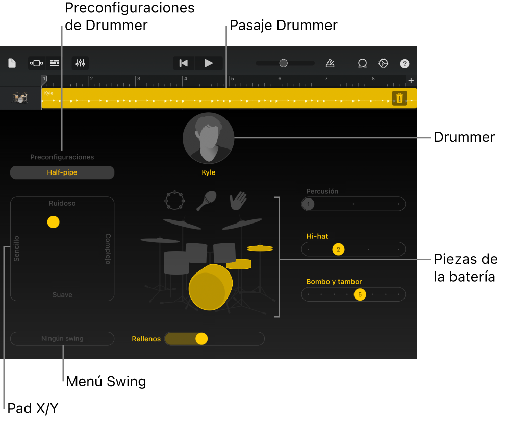 Drummer con áreas principales destacadas de la interfaz.