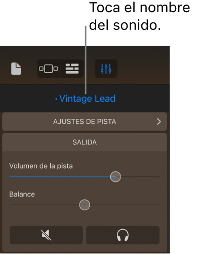 Figura. El nombre del sonido actual sobre los controles de pista.
