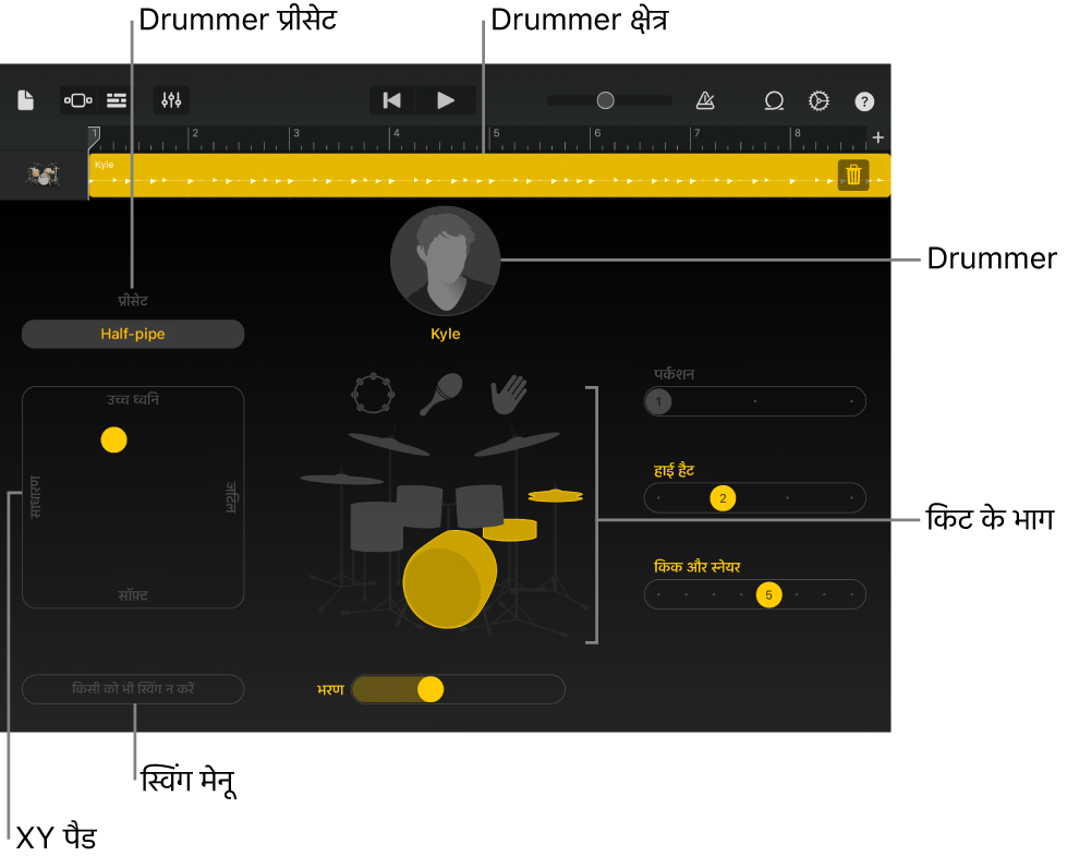 मुख्य इंटरफ़ेस क्षेत्रों को दर्शाता Drummer।
