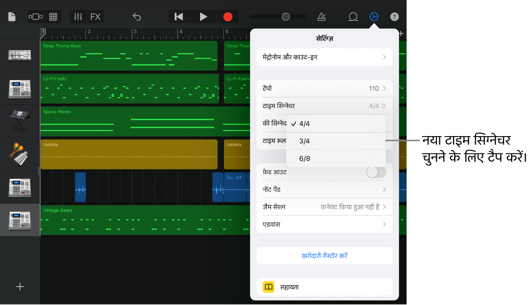टाइम सिग्नेचर नियंत्रणों के साथ “गीत सेटिंग्ज़”