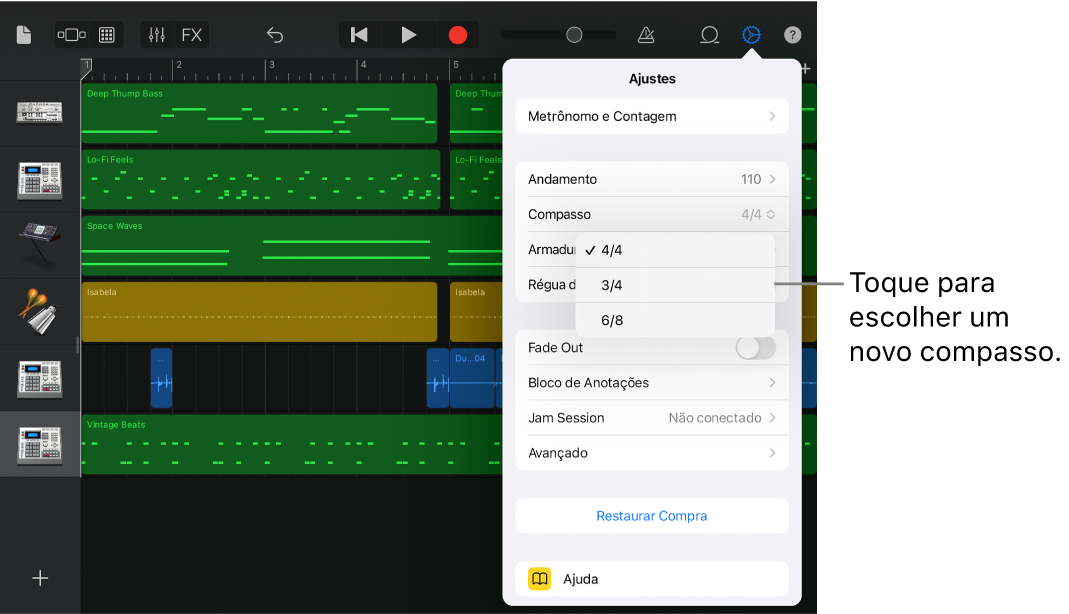 Ajustes da música, incluindo os controles de compasso