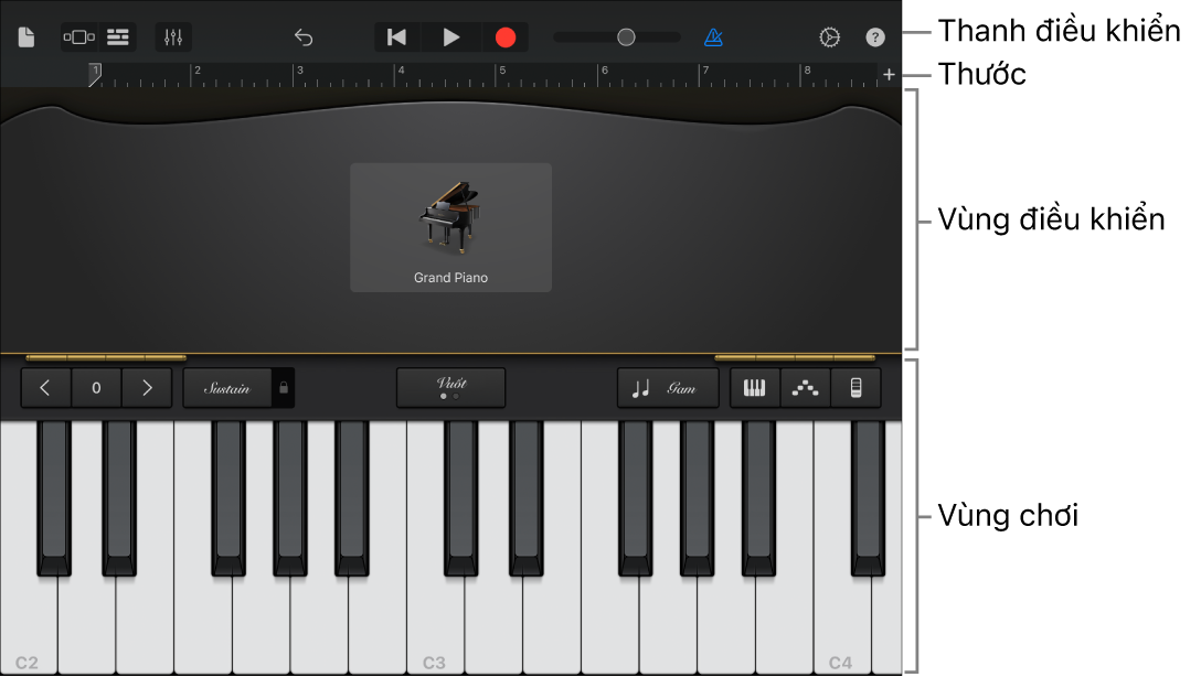 Nhạc cụ cảm ứng hiển thị các khu vực chơi và điều khiển