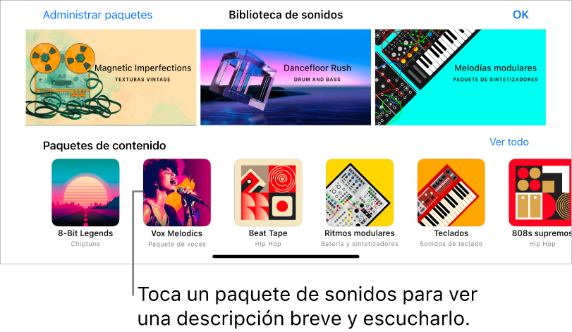 Toca un paquete de contenido para ver una descripción breve y escucharlo.