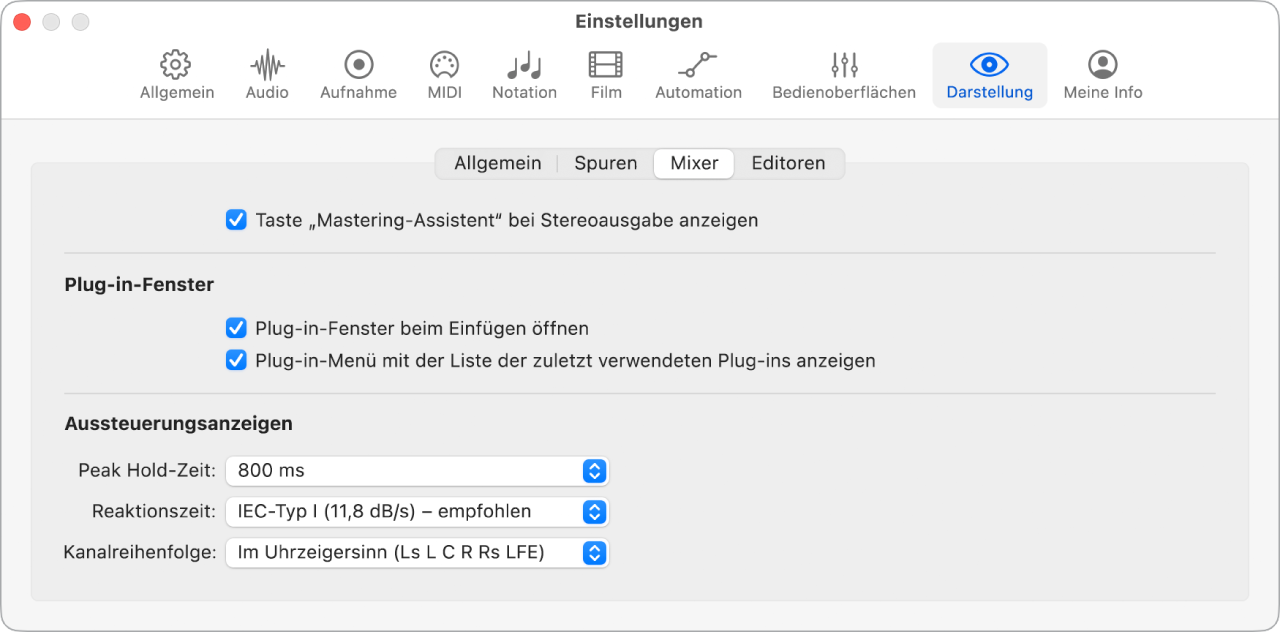 Abbildung. Anzeigeeinstellungen für Mixer