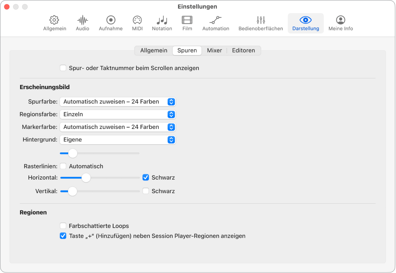 Abbildung. Anzeigeeinstellungen für Spuren