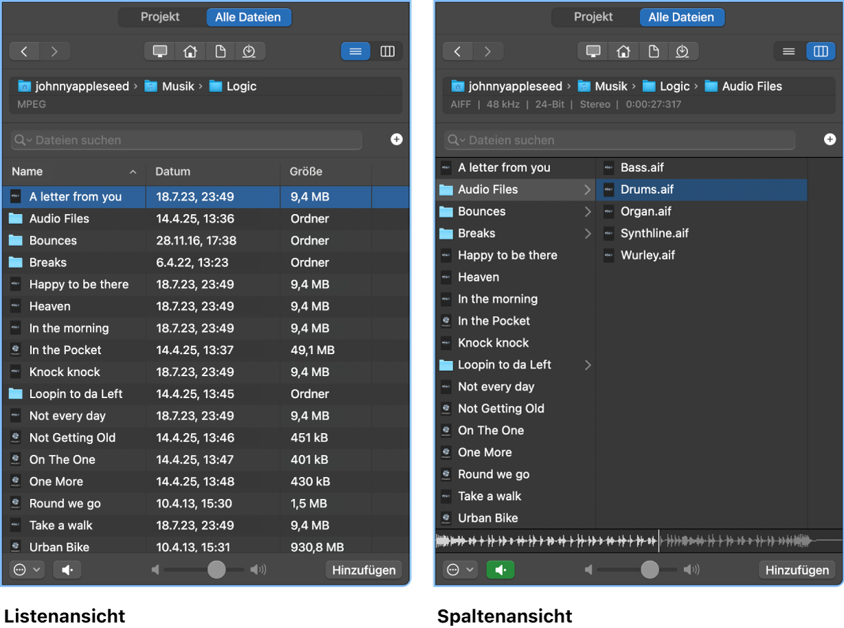 Abbildung. Listen- und Spaltenansicht in der Übersicht „Alle Dateien“