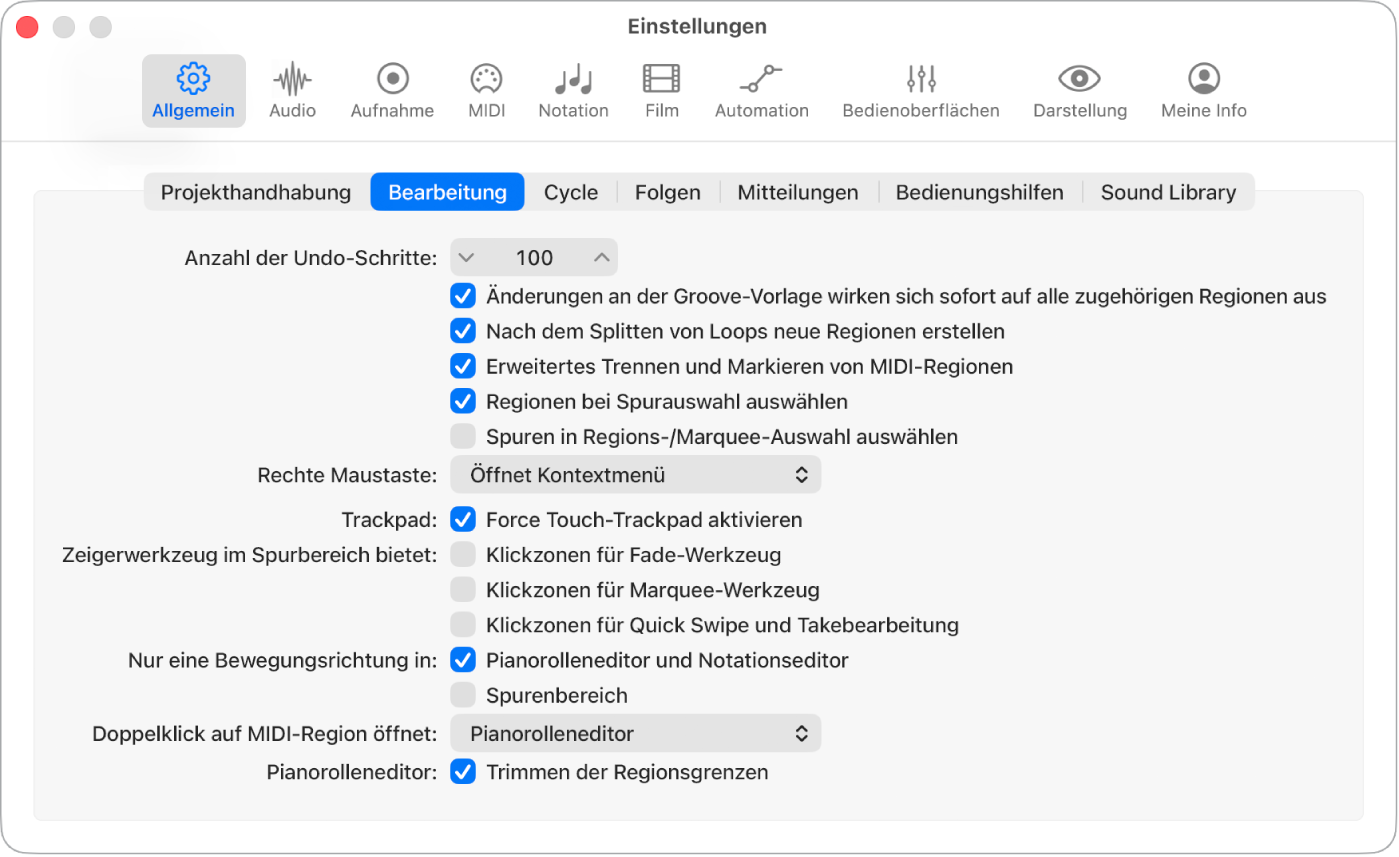 Abbildung. Bereich „Bearbeitung“ (im Bereich „Allgemein“) der Einstellungen mit Optionen zum Einschränken der Bewegung von Noten