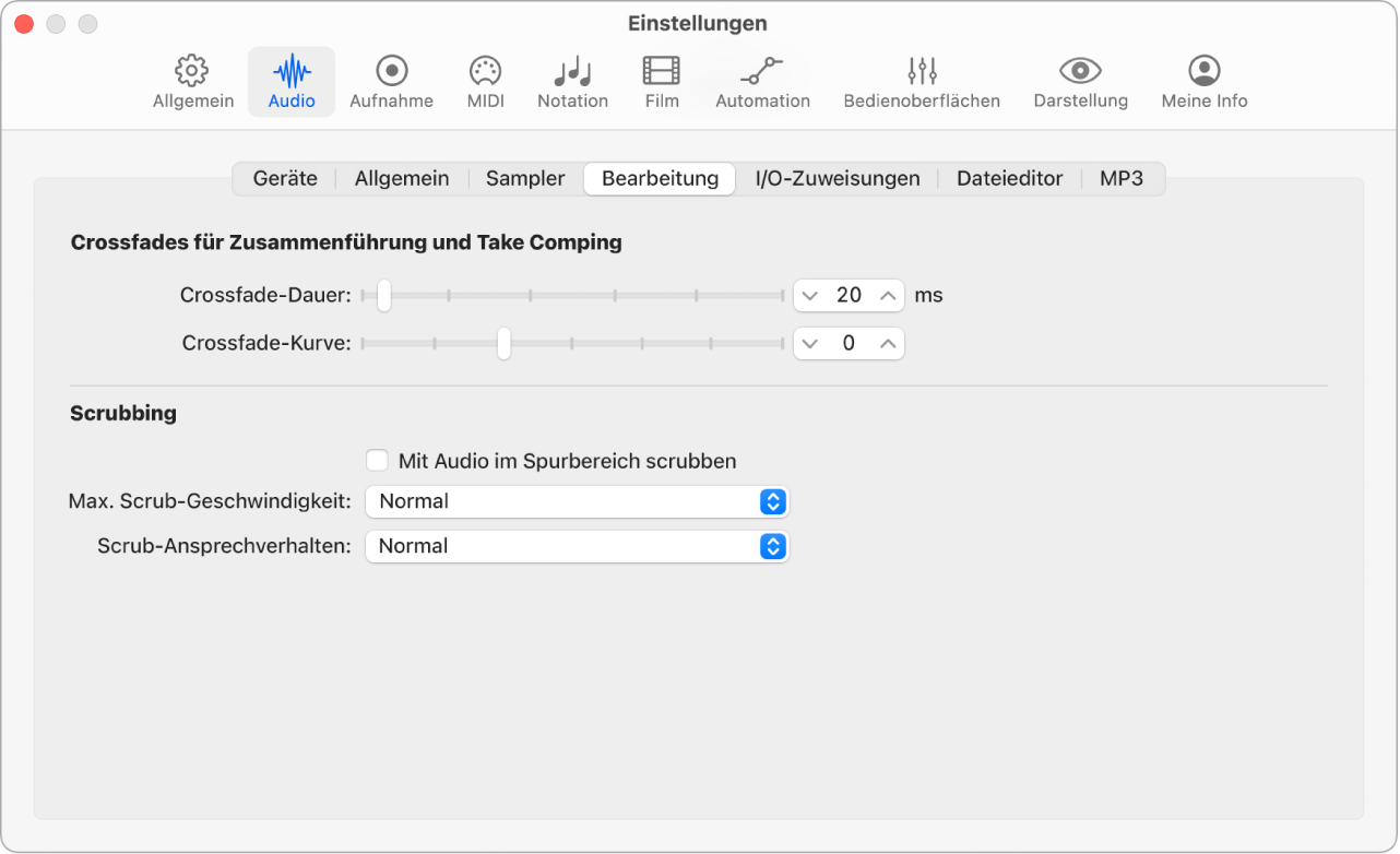Abbildung. Audiobearbeitungseinstellungen mit Crossfade-Parametern