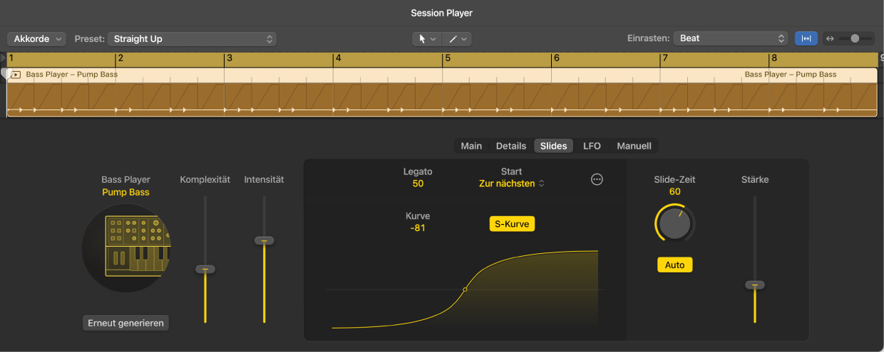 Abbildung. Die Einstellungen „Synth Bass Player“ im Session Player-Editor.