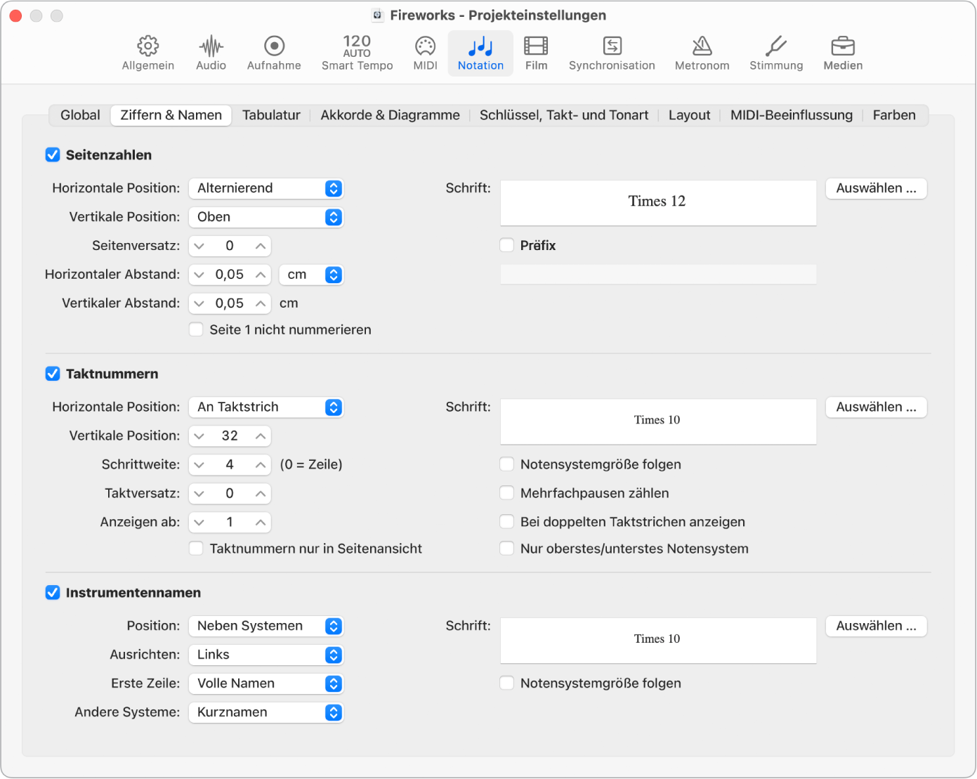 Abbildung. Projekteinstellungsbereich „Notation“ > „Ziffern & Namen“