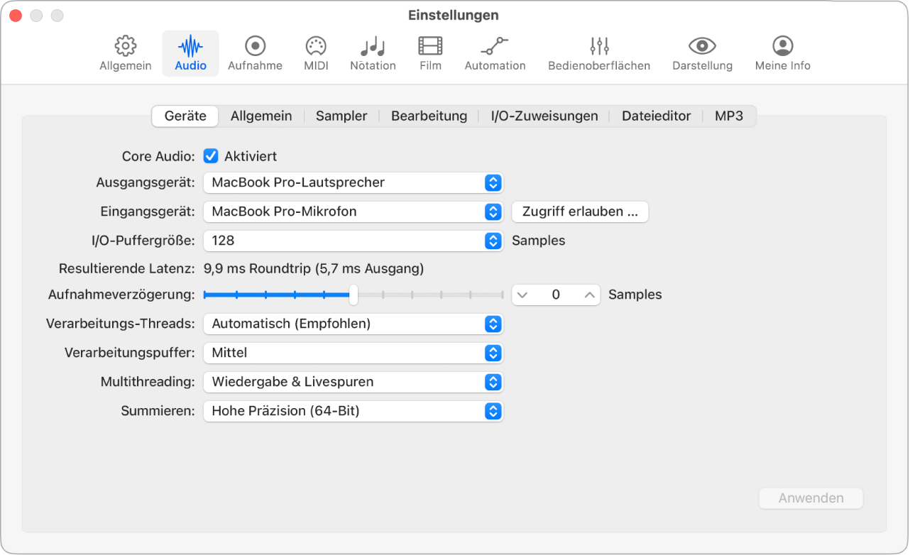 Abbildung. Einstellungsbereich „Audio“ > „Geräte“