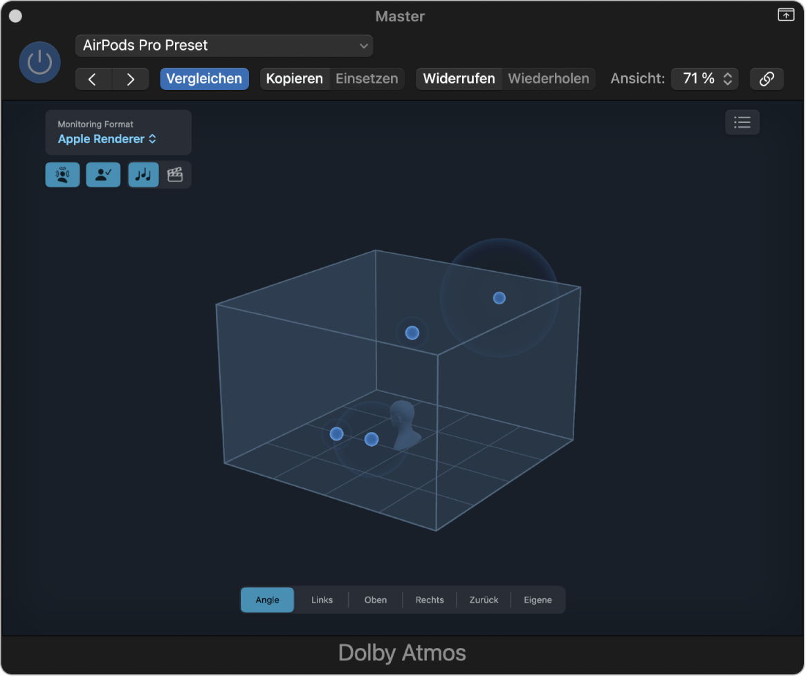Abbildung. Das Dolby Atmos-Plug-in-Fenster mit Apple Renderer als ausgewähltem Monitoring-Format. Die vier Apple Renderer-Tasten werden links oben angezeigt.