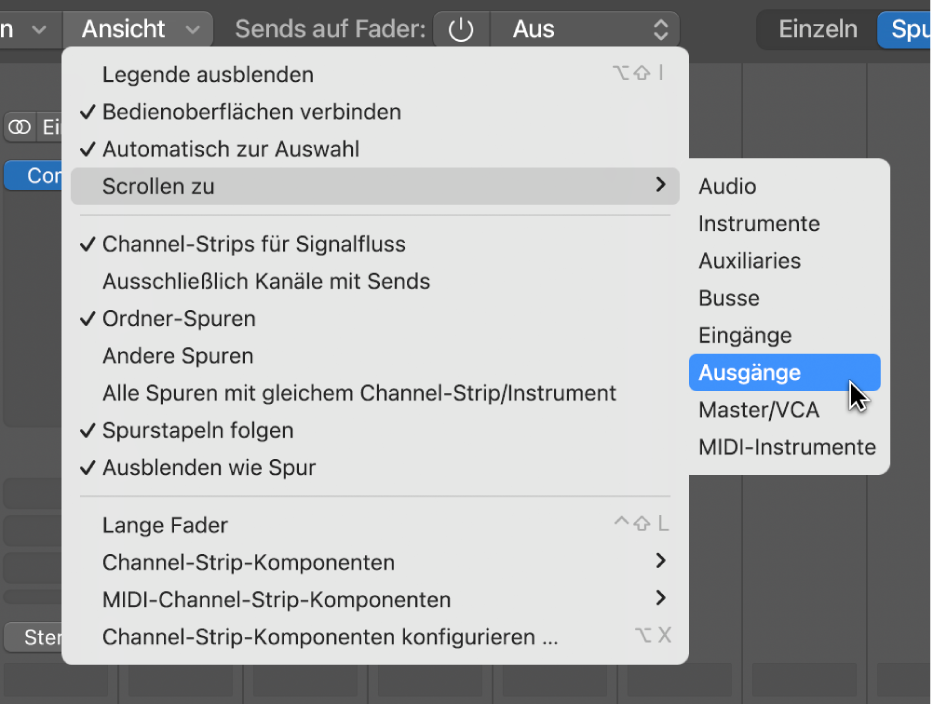 Abbildung. Untermenü „Scrollen zu“ im Menü „Ansicht“ des Mixers