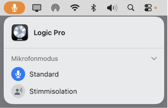 Abbildung. Der Dialog „Mikrofonmodus“ wird von der Hauptmenüleiste aus geöffnet und der Standardmikrofonmodus für Logic Pro ist ausgewählt.