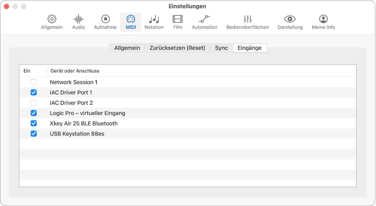 Abbildung. Einstellungsbereich „MIDI“ > „Eingänge“