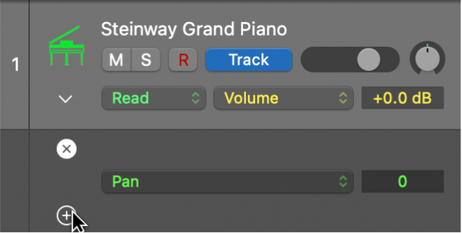 Figure. Pointing to the Plus button on an automation lane.