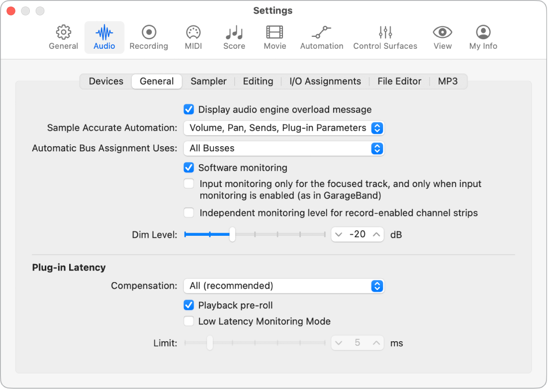 Figure. General Audio settings.