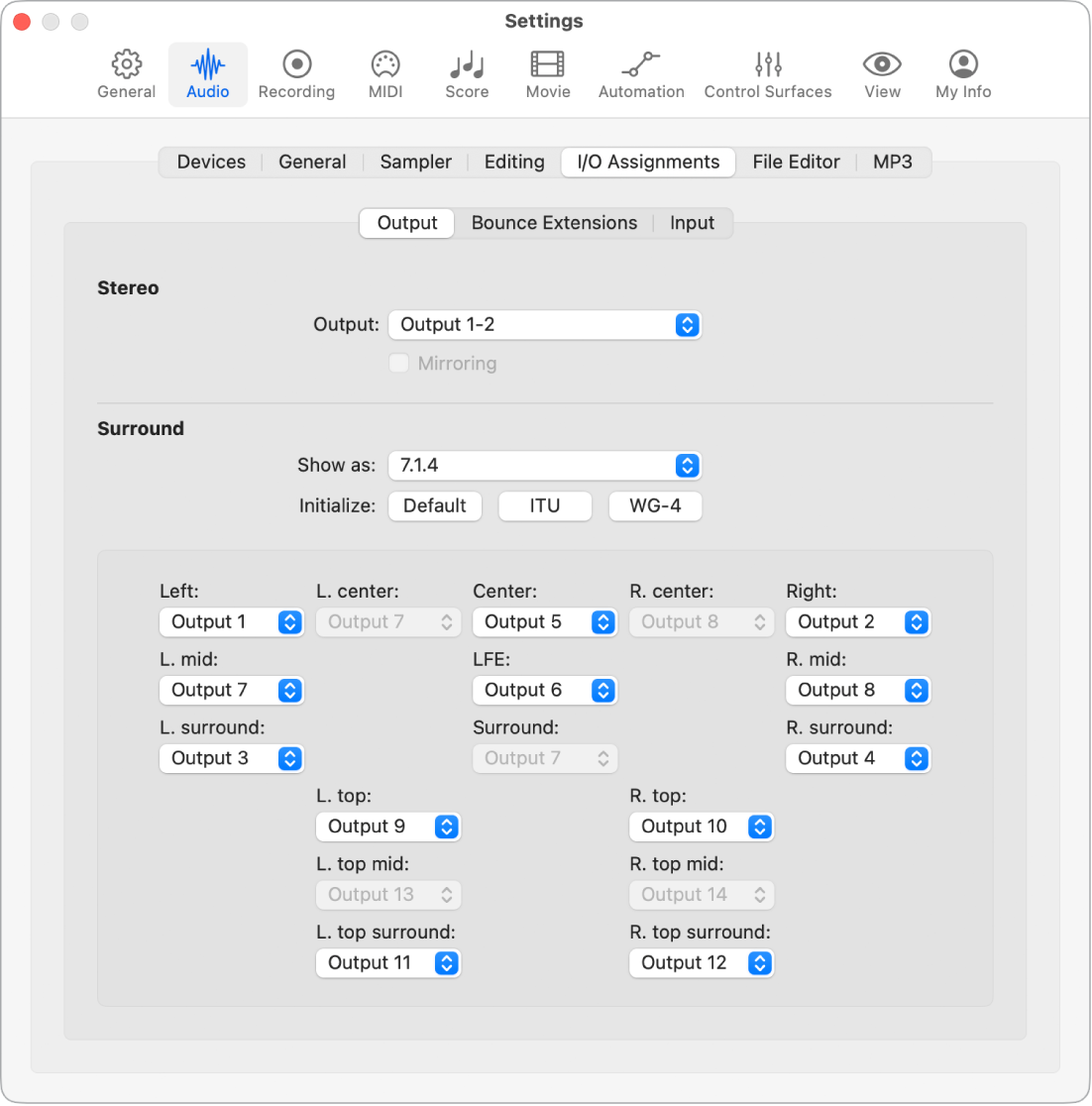 Figure. I/O Assignments pane in Audio settings.