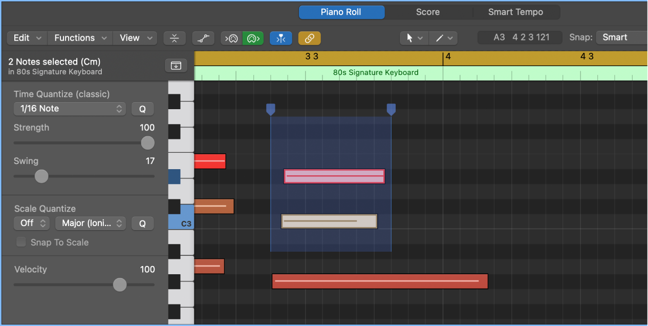 Figure. Piano Roll Editor, showing time handles.