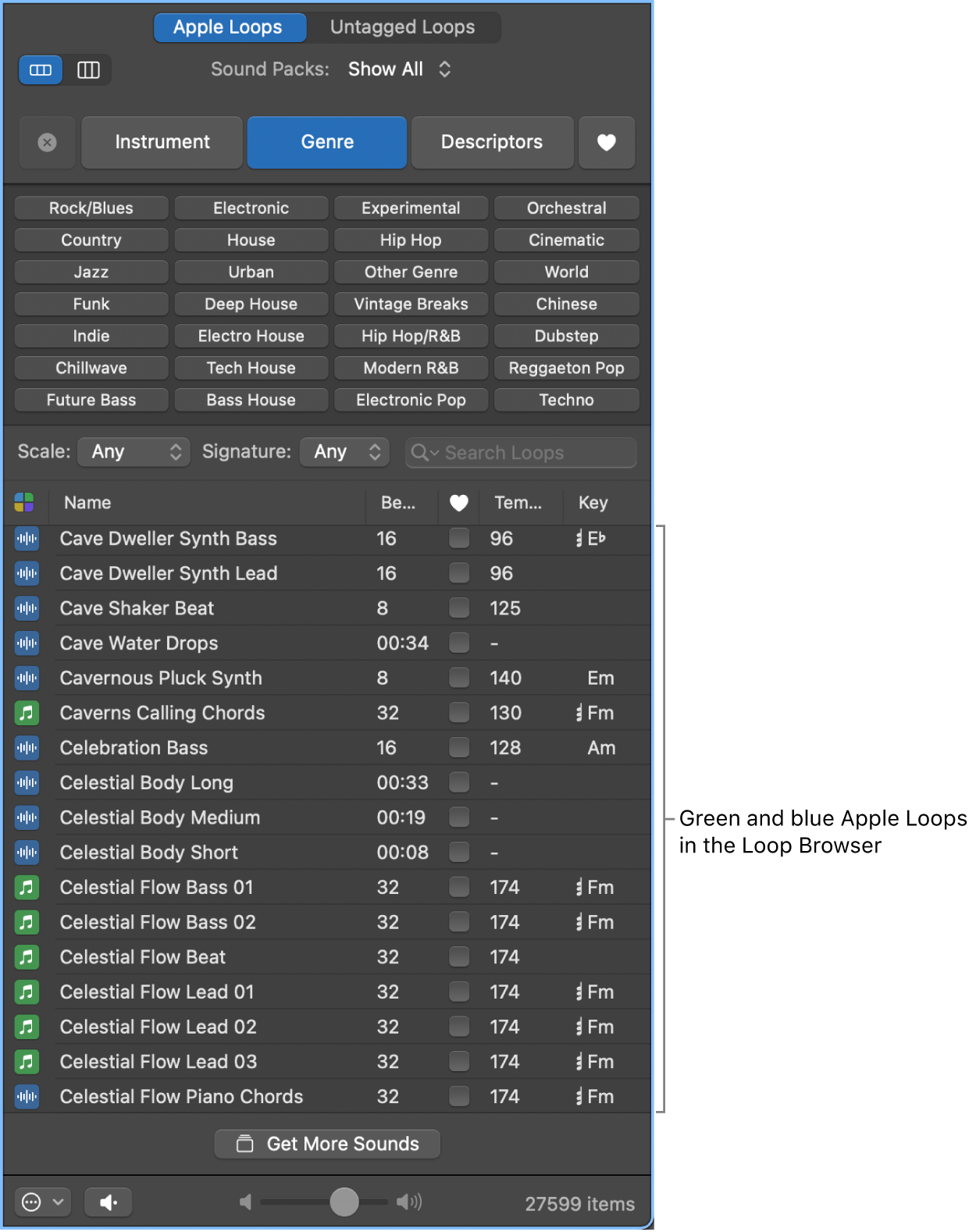 Loop Browser showing MIDI (green) and audio (blue) Apple Loops.
