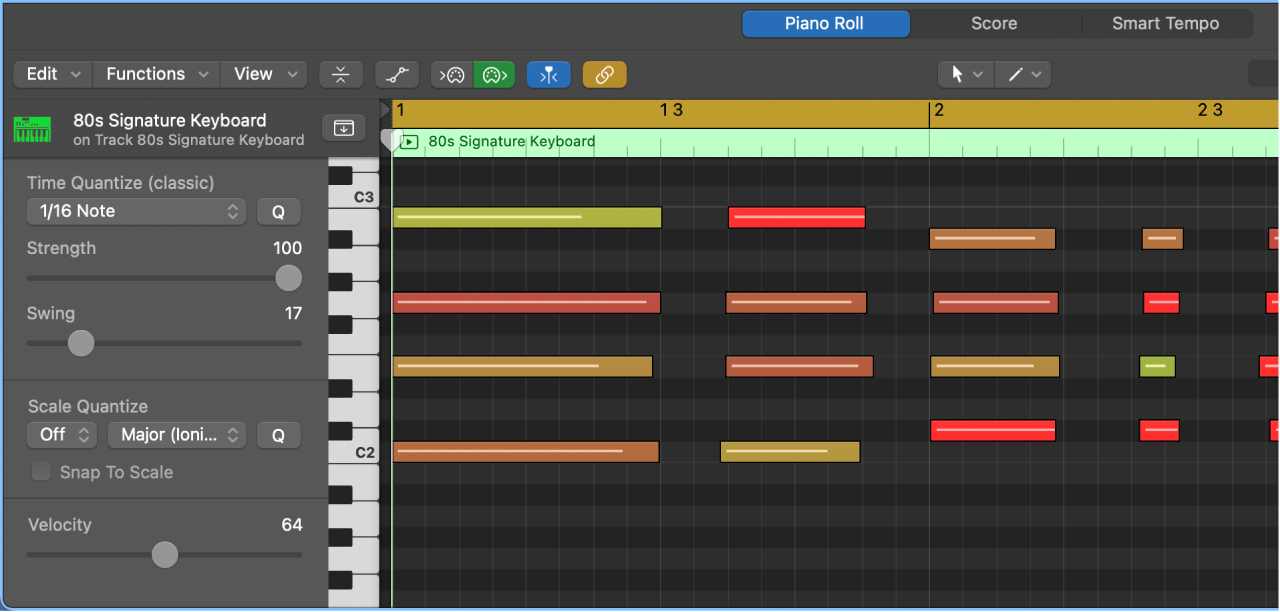 Figure. Quantizing notes in the Piano Roll Editor.