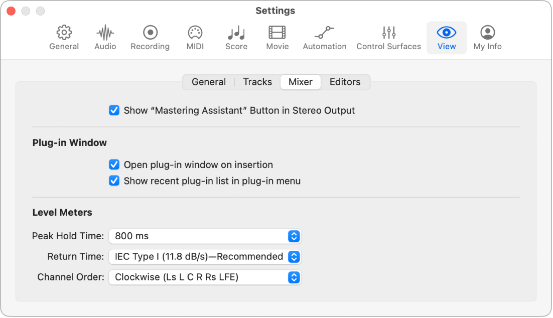 Figure. Mixer View settings.