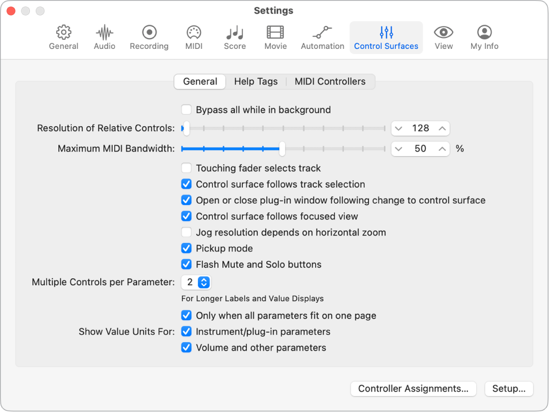 Figure. General Control Surfaces settings.