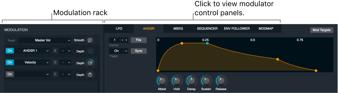 Figure. Modulation section, showing modulation rack, modulator control panel buttons, and AHDSR control panel.